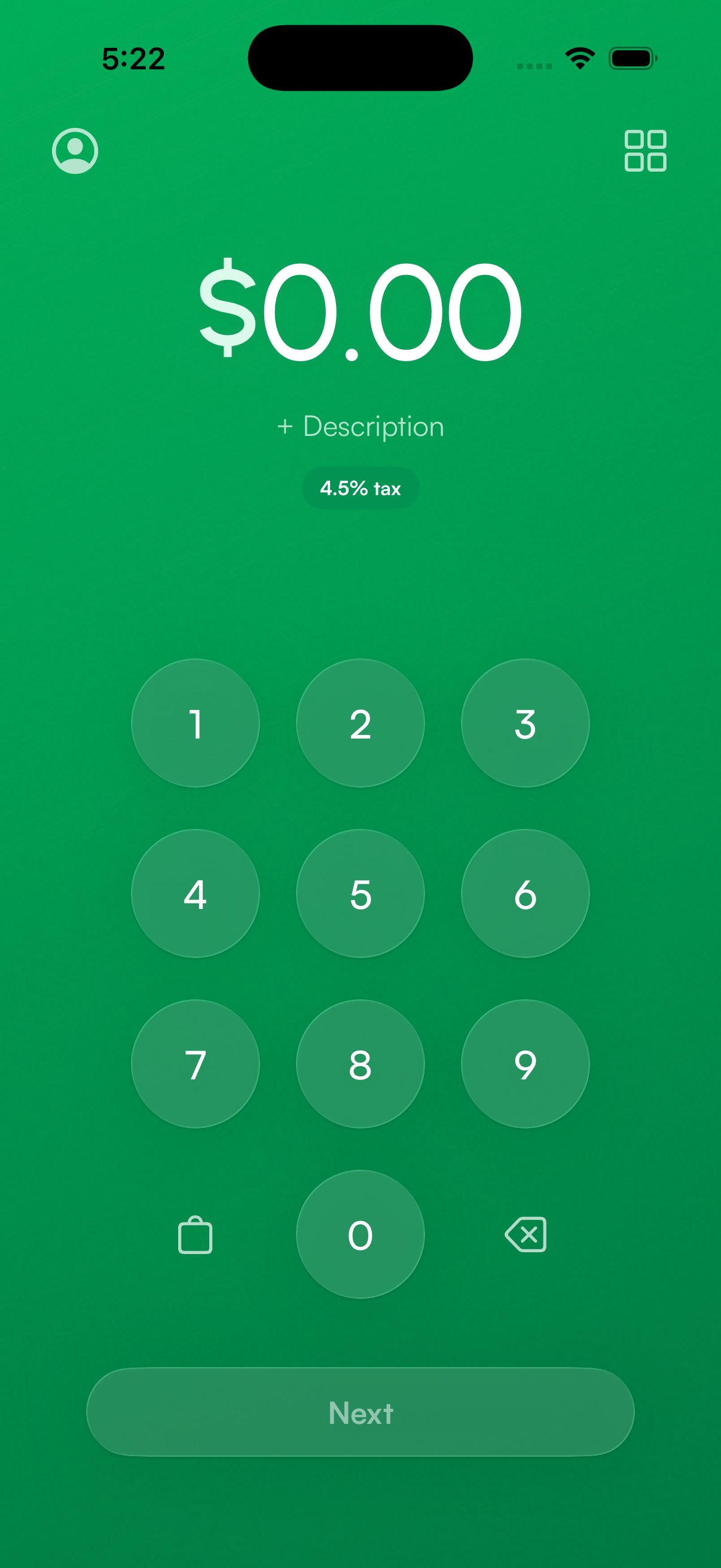 Charge screen showing tax applied