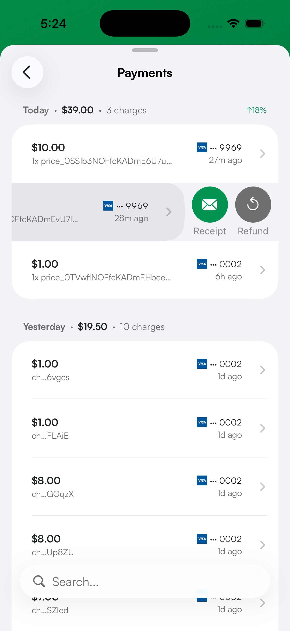 Swiping a charge in the Payments list to send a receipt