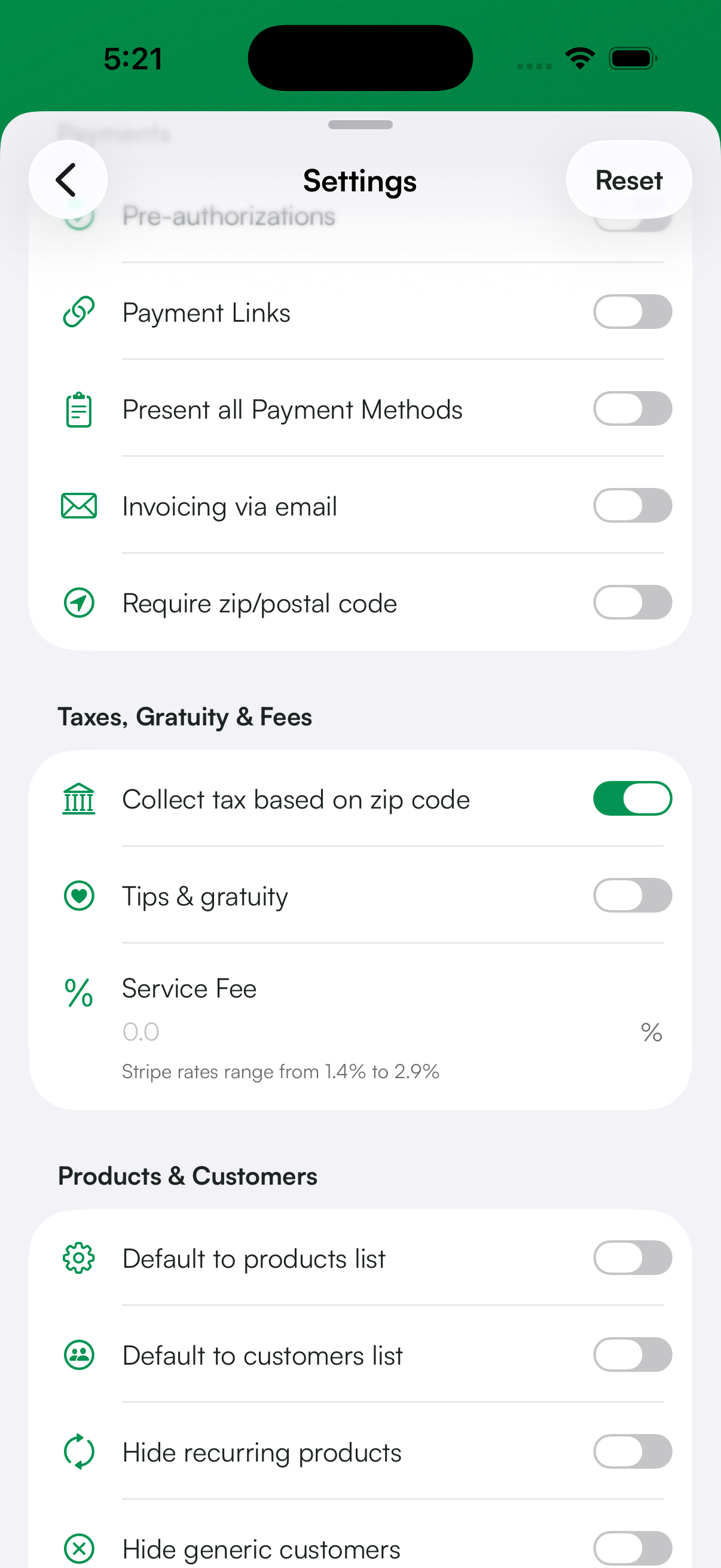 Collect tax based on zip code toggle in Settings