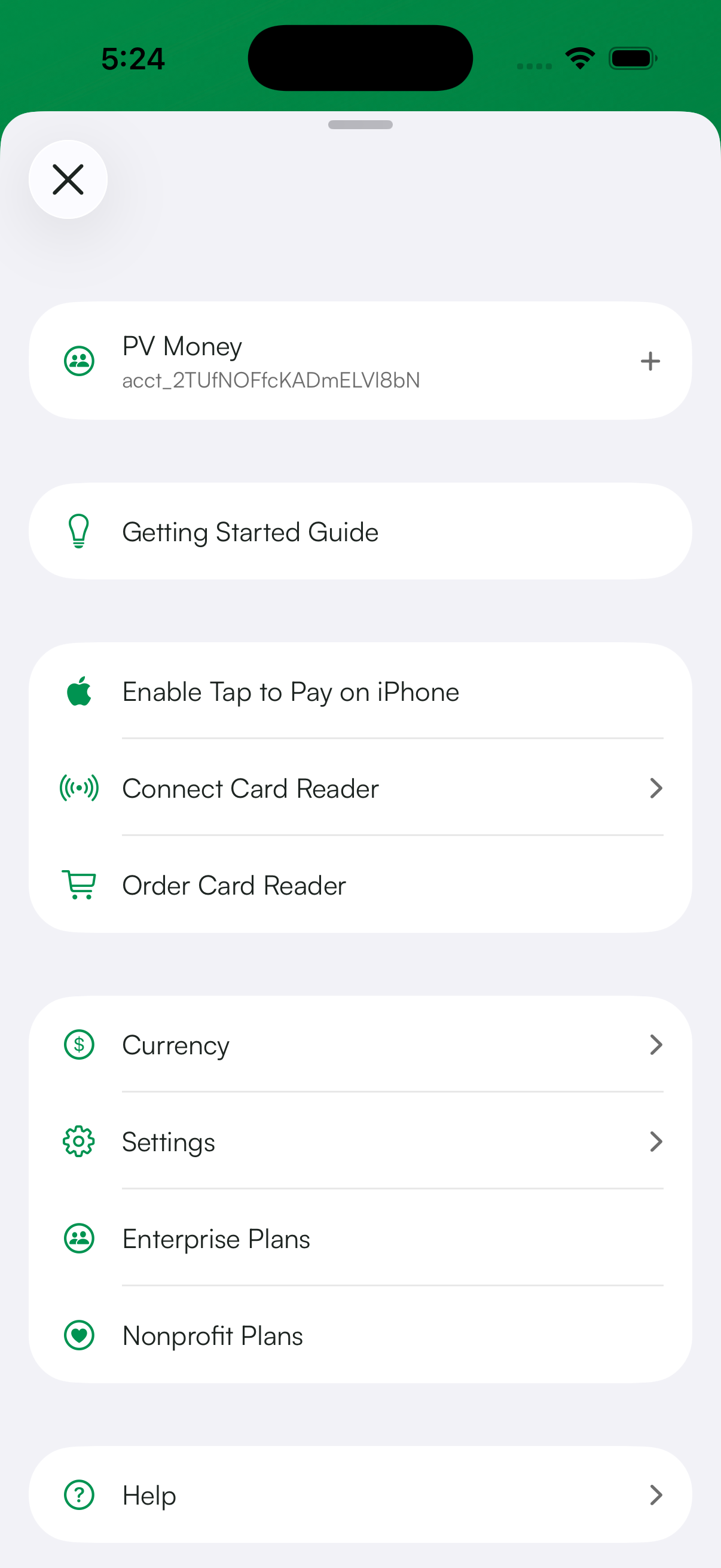 App menu showing your Stripe account ID