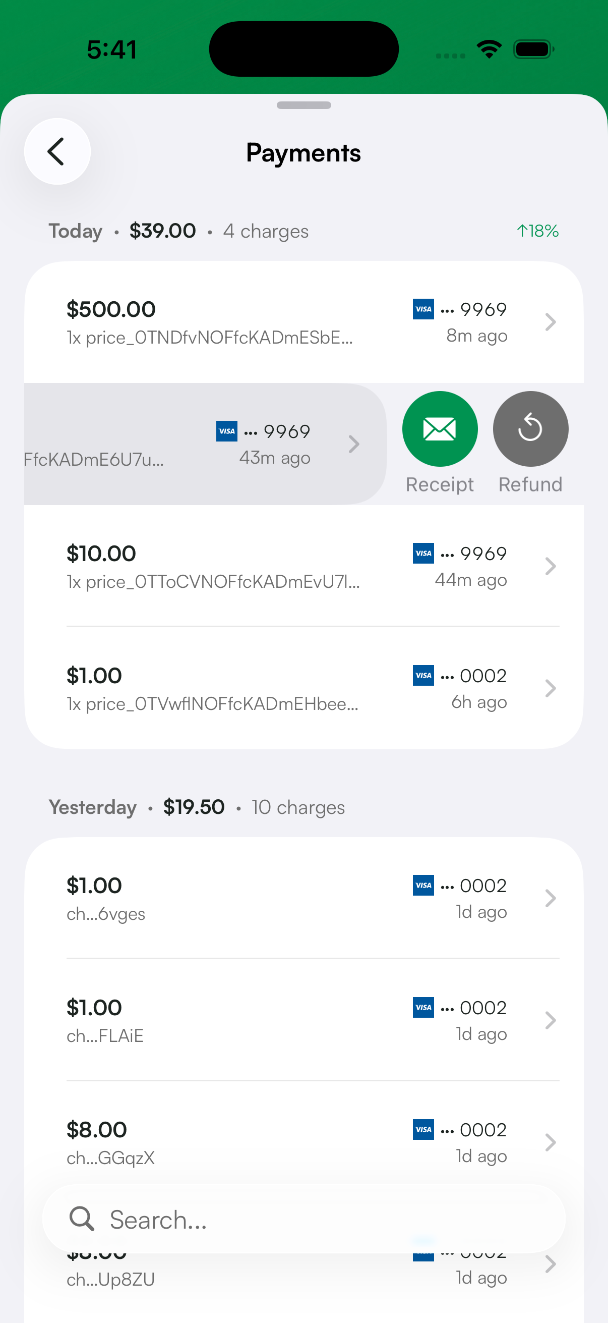 Swiping a charge in the Payments list to reveal Refund