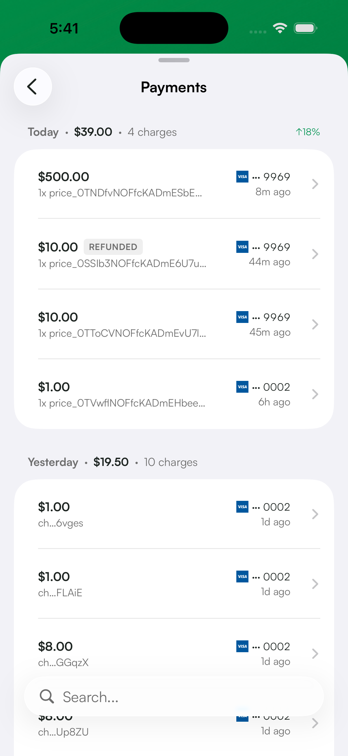 A charge marked Refunded in the Payments list