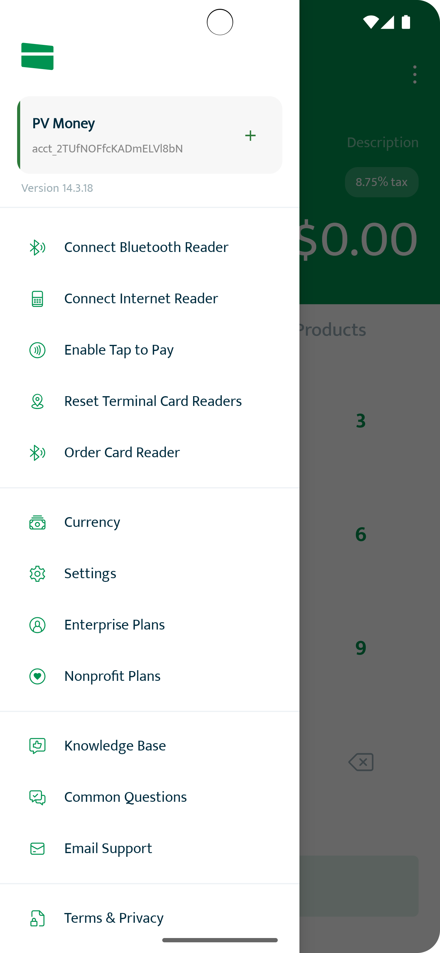 Android menu showing Connect Bluetooth Reader