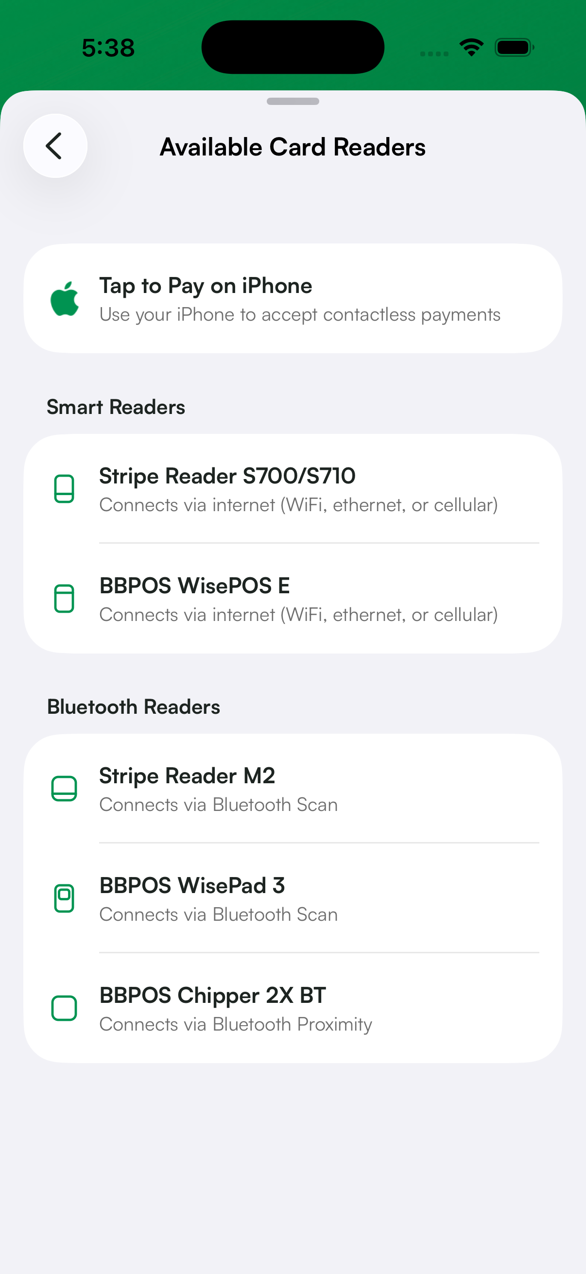 Available Card Readers screen in the app