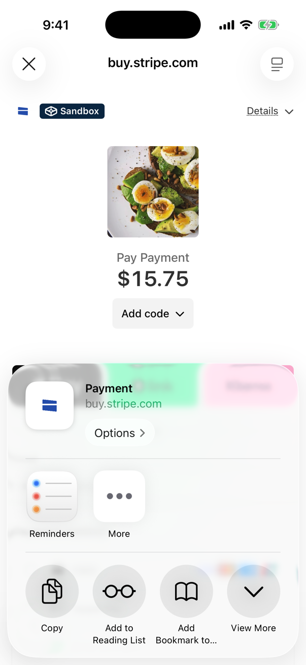 A página de checkout com o link de pagamento, com a folha de partilha aberta e a opção Copiar.