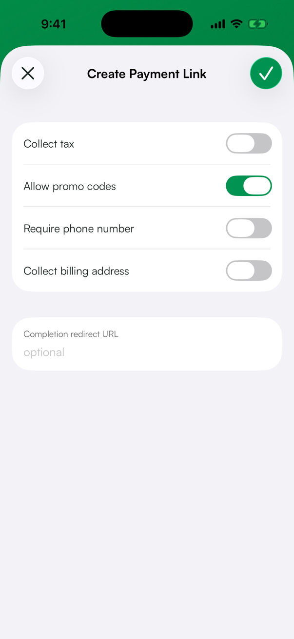 Zaslon za ustvarjanje povezave za plačilo z vklopljeno možnostjo »Dovoli promocijske kode«