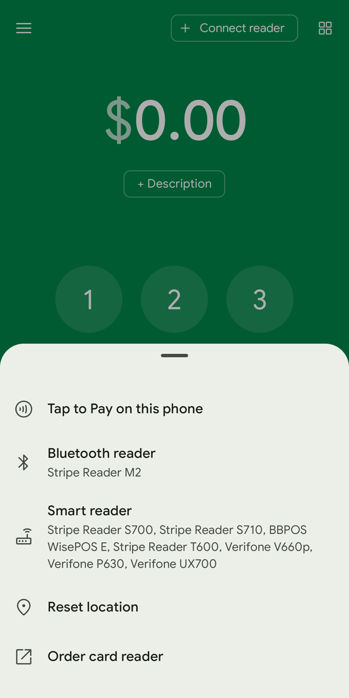Seznam čteček Connect v aplikaci Payment for Stripe na Androidu s možností Tap to Pay na tomto telefonu nahoře v seznamu