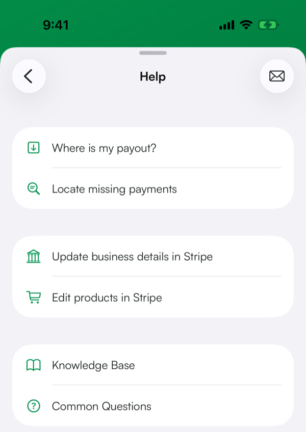 Help screen with the email icon at the top right, plus Where is my payout? and Locate missing payments