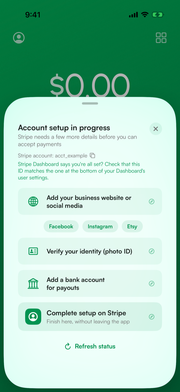 계정 설정 진행 상황표: 웹사이트 추가, 신원 확인, 은행 계좌 추가, Stripe 설정 완료 및 상태 새로 고침
