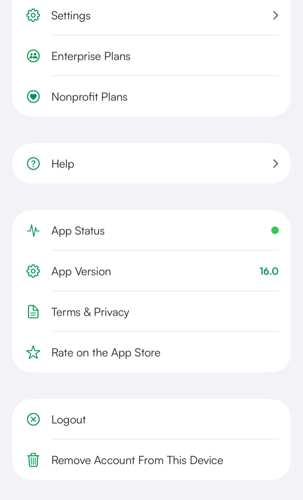 Menu aplikacji z opcjami Wyloguj i Usuń konto z tego urządzenia