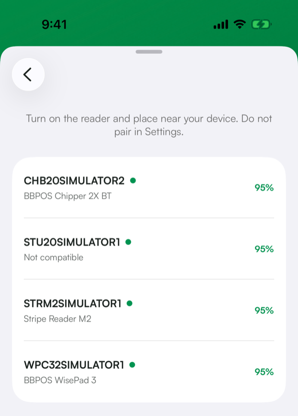 Carian pembaca Bluetooth: Hidupkan pembaca dan letakkan berhampiran peranti anda. Jangan pasangkan dalam Tetapan.