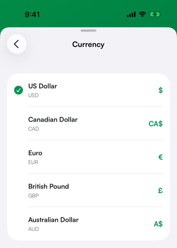 Valutalijst met de Amerikaanse dollar geselecteerd, plus de Canadese dollar, de euro, het Britse pond en de Australische dollar.
