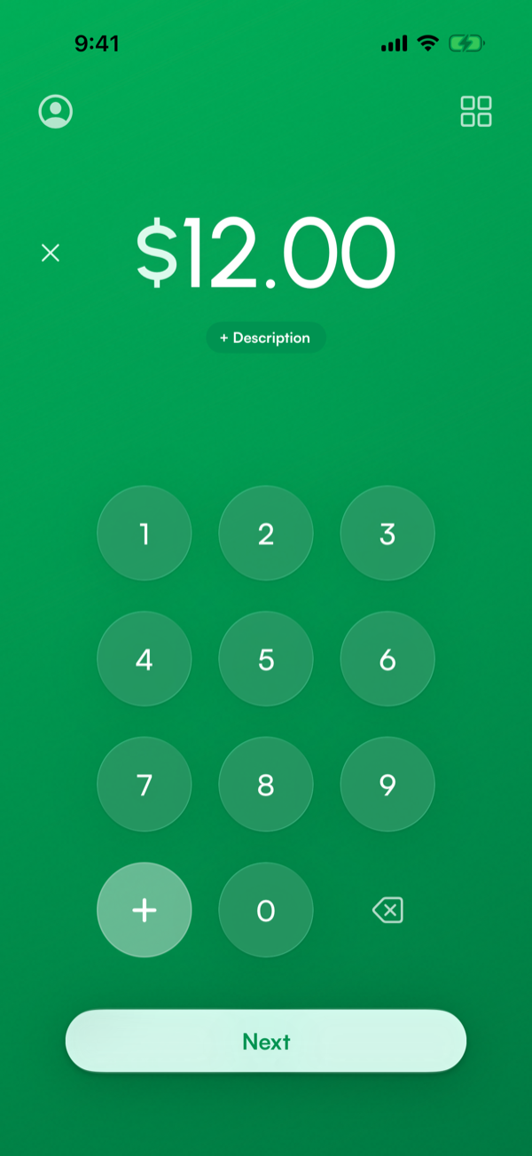 Znesek na tipkovnici, ki prikazuje 12,00 $, z gumbom Naprej